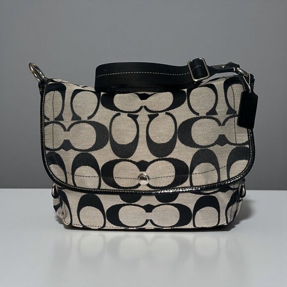 Coach Daisy Signature Messenger Bag F16557 Black Canvas Patent Leather Flap Bag - Picture 1 of 11
